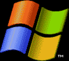 The Windows logo from the Windows XP loading screen. Offset several pixels to the right to sit above the text in a design similar to the Windows XP loading screen.